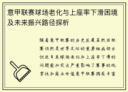 意甲联赛球场老化与上座率下滑困境及未来振兴路径探析